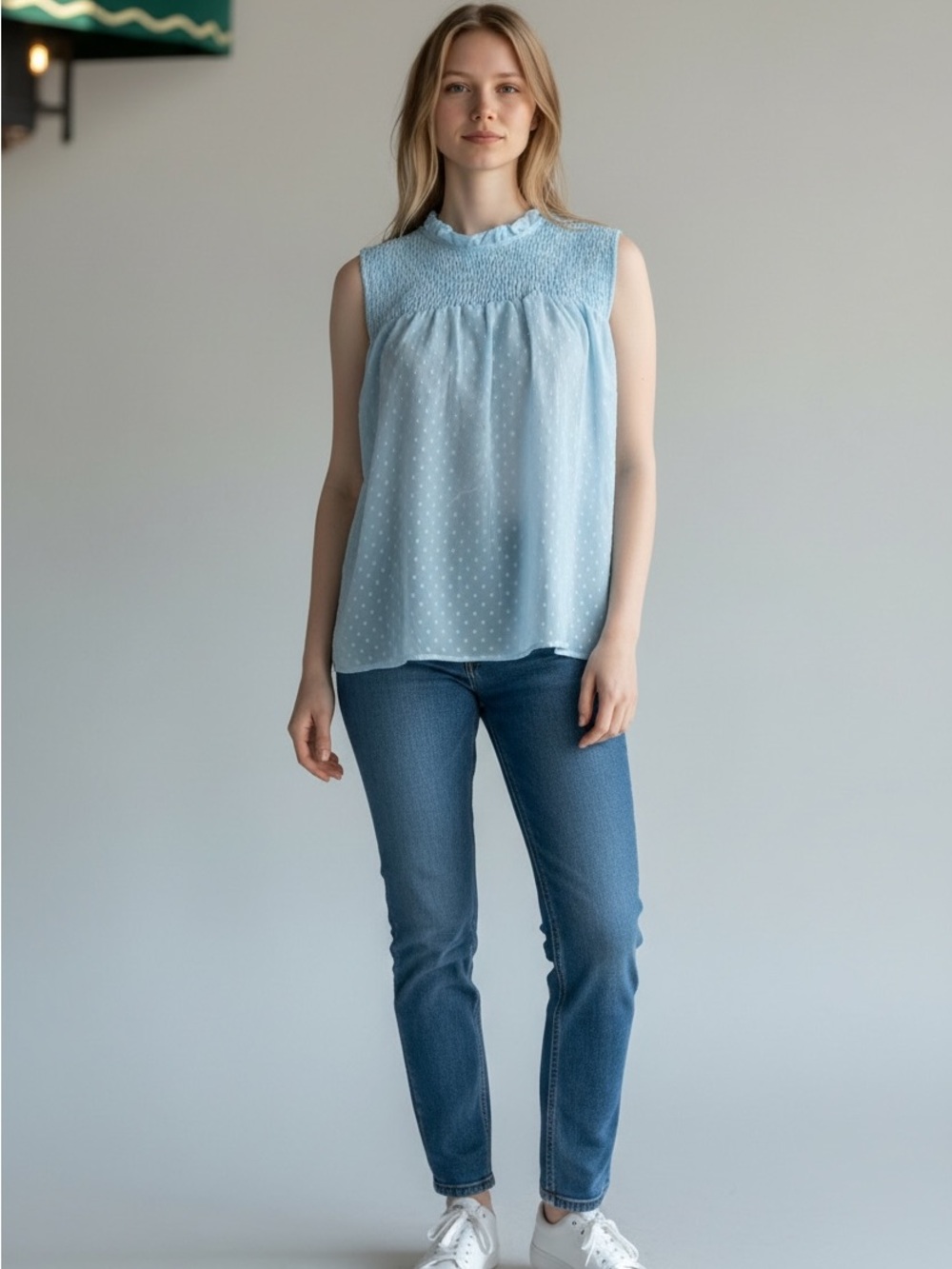Light Blue Swiss Dot Smocked Sleeveless Blouse